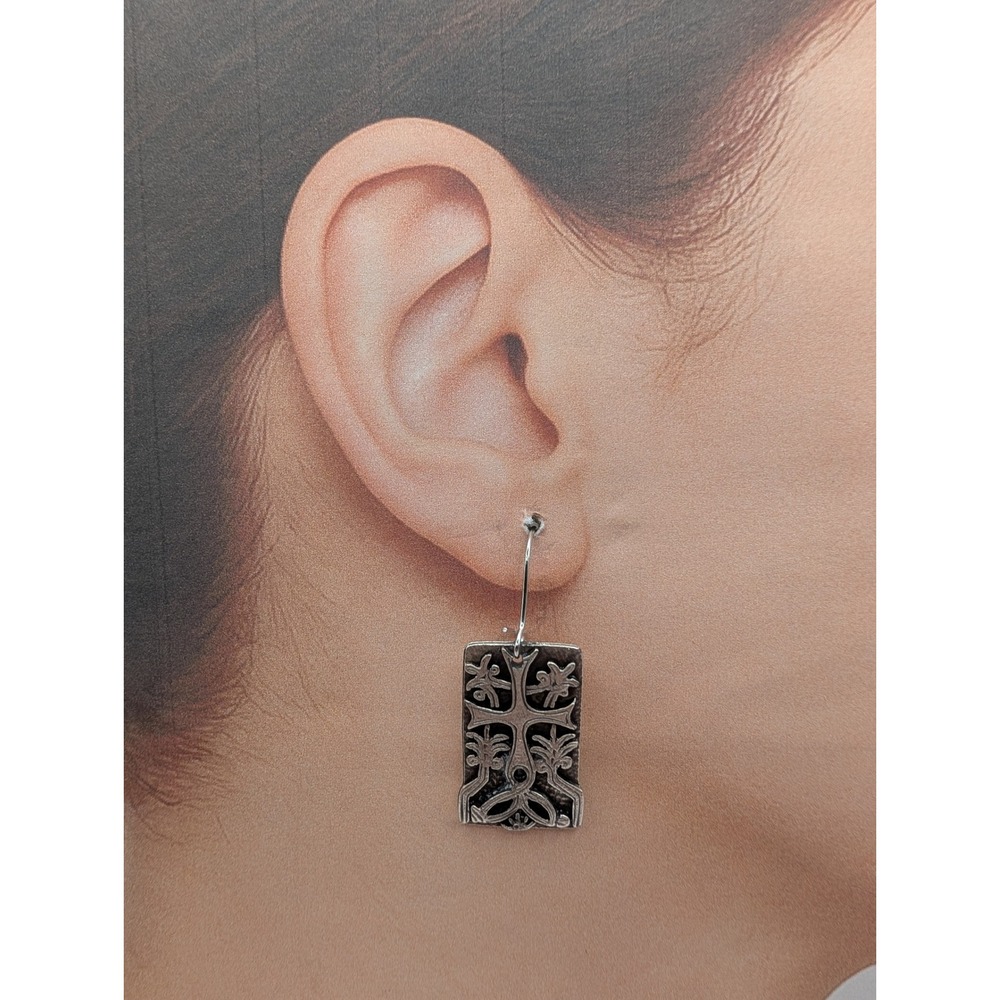 Silver Tone Embossed Cross Floral Rectangular Drop Earrings Marked/Made in JOR